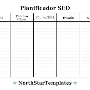 Peut inclure: Un mod&egrave;le de planificateur SEO blanc avec du texte noir. Le titre "Planificador SEO" est en haut. Les colonnes sont &eacute;tiquet&eacute;es "Fecha", "Palabra Clave", "P&aacute;gina/URL", "Estado" et "Notas". Le logo NorthStarTemplates est en bas.