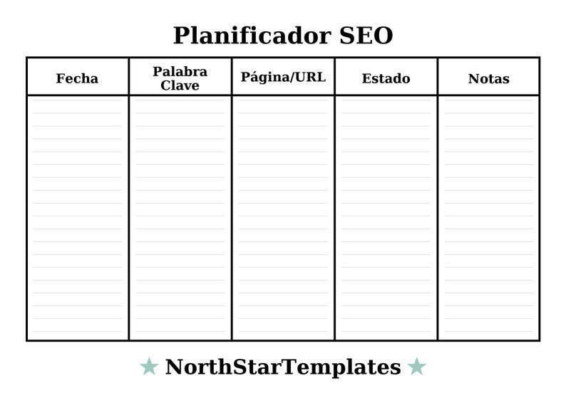 Peut inclure: Un mod&egrave;le de planificateur SEO blanc avec du texte noir. Le titre "Planificador SEO" est en haut. Les colonnes sont &eacute;tiquet&eacute;es "Fecha", "Palabra Clave", "P&aacute;gina/URL", "Estado" et "Notas". Le logo NorthStarTemplates est en bas.