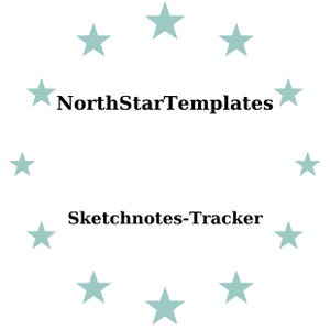 Może przedstawiać: Białe tło z okręgiem jasnoturkusowych gwiazd. Tekst "NorthStarTemplates" jest u góry, a "Sketchnotes-Tracker" poniżej, oba pogrubione czarną czcionką.
