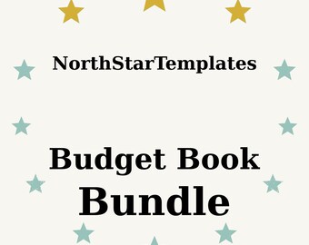 May include: A cream-colored graphic with the text "NorthStarTemplates" above "Budget Book Bundle" in a bold font. The design includes gold and teal stars arranged around the text.