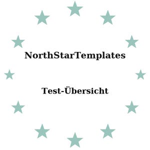 Puede incluir: Un gráfico blanco con el texto "NorthStarTemplates" encima de "Test-Übersicht" en negrita negra. Doce estrellas verde azulado claro están dispuestas en círculo alrededor del texto.