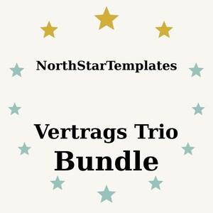 May include: Cream-colored graphic with the text "NorthStarTemplates" above "Vertrags Trio Bundle." The text is in black, surrounded by gold and teal stars. The stars are arranged in a circular pattern around the text.