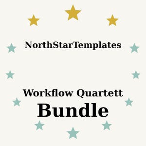 Puede incluir: Gráfico color crema con el texto "NorthStarTemplates" encima de "Workflow Quartett Bundle" en negro. La palabra "Bundle" está en una fuente más grande. Estrellas doradas y turquesas rodean el texto.
