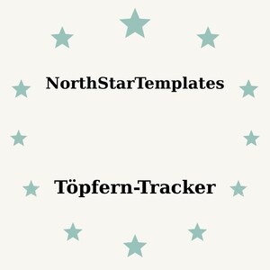 May include: A light cream-colored background with teal stars encircling the text "NorthStarTemplates" and "Töpfern-Tracker" in black. The design is simple and clean, with a focus on the text.