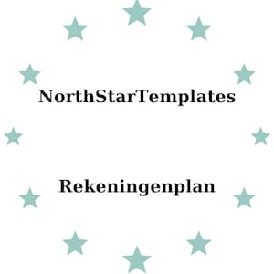 以下が含まれることがあります： 白地に黒字で「NorthStarTemplates」と「Rekeningenplan」の文字。薄い青色の星が文字を囲んでいます。シンプルでクリーンなデザインです。