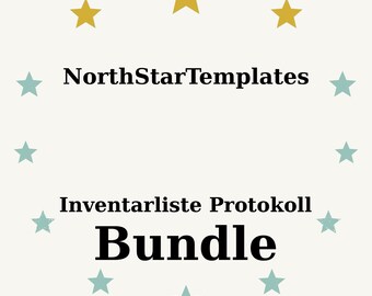 Może przedstawiać: Kremowa grafika z tekstem "NorthStarTemplates", "Inventarliste Protokoll" i "Bundle" w kolorze czarnym. Projekt zawiera złote i turkusowe gwiazdy rozmieszczone wokół tekstu.
