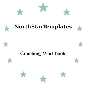 Può includere: Sfondo bianco con il testo "NorthStarTemplates" sopra "Coaching-Workbook" in nero. Stelle verde acqua chiaro circondano il testo.