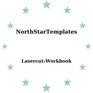 May include: White background with the text "NorthStarTemplates" and "Lasercut-Workbook" in black. Light teal stars encircle the text.
