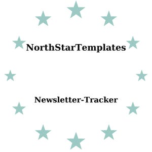 Könnte beinhalten: Weißer Hintergrund mit einem Kreis aus helltürkisen Sternen. Der Text "NorthStarTemplates" ist oben zentriert, und "Newsletter-Tracker" ist unten zentriert. Der Text ist fett und ohne Serifen.
