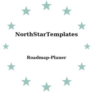 Könnte beinhalten: Weißer Hintergrund mit dem Text "NorthStarTemplates" und "Roadmap-Planer" in Schwarz. Helltürkisfarbene Sterne umkreisen den Text. Das Design ist schlicht und sauber, mit Fokus auf dem Text.