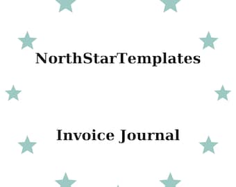 Pode incluir: Fundo branco com o texto "NorthStarTemplates" e "Invoice Journal" em preto. Estrelas azul claro circundam o texto. O design é simples e limpo, adequado para produtos digitais.