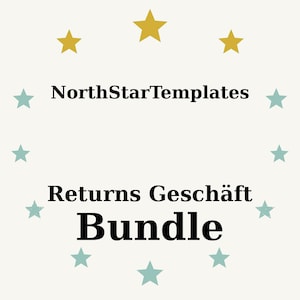 Op de afbeelding: Een crèmekleurige afbeelding met de tekst "NorthStarTemplates", "Returns Geschäft" en "Bundle" in zwart. De tekst is omgeven door gouden en blauwgroene sterren.
