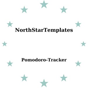 Peut inclure: Fond blanc avec une couronne d'étoiles bleu clair. Le texte "NorthStarTemplates" est au-dessus de "Pomodoro-Tracker" en noir, police sans-serif. Design simple et épuré.