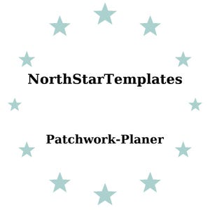 May include: A white background with a ring of pale blue stars encircling the black text "NorthStarTemplates" and "Patchwork-Planer". The design is minimalist.