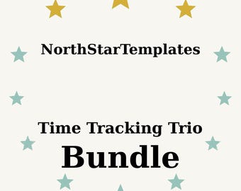 Könnte beinhalten: Cremefarbene Grafik mit dem Text "NorthStarTemplates", "Time Tracking Trio" und "Bundle". Der Text ist von goldenen und teal-farbenen Sternen umgeben.
