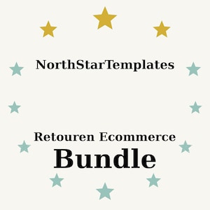 Op de afbeelding: Crèmekleurige afbeelding met de tekst "NorthStarTemplates" boven "Retouren Ecommerce Bundle". Het woord "Bundle" is vetgedrukt. De tekst is omgeven door gouden en blauwgroene sterren.