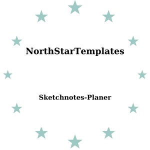 Könnte beinhalten: Weißer Hintergrund mit einem Kranz aus helltürkisen Sternen, der den Text "NorthStarTemplates" über "Sketchnotes-Planer" in schwarzer Schrift umgibt.