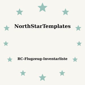 Puede incluir: Fondo beige claro con un círculo de estrellas turquesas. El texto "NorthStarTemplates" está centrado sobre el texto "RC-Flugzeug-Inventarliste" en negro.