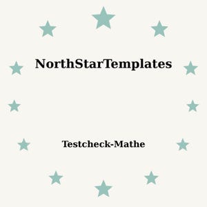 Könnte beinhalten: Hellbeiger Hintergrund mit einem Ring aus türkisfarbenen Sternen, der den Text "NorthStarTemplates" über "Testcheck-Mathe" in schwarzer Schrift umgibt.