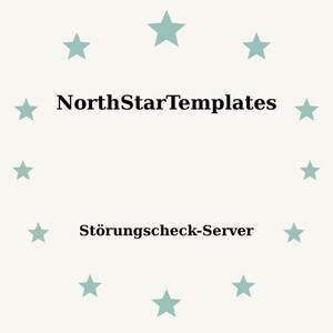 Puede incluir: Un fondo beige claro con estrellas turquesas dispuestas en círculo. El texto "NorthStarTemplates" está centrado sobre el texto "Störungsscheck-Server" en negro.
