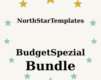 May include: A cream-colored graphic with the text "NorthStarTemplates" above "BudgetSpezial Bundle" in black. The text is surrounded by teal and gold stars.