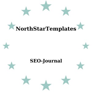 Könnte beinhalten: Weißer Hintergrund mit einem Kranz aus helltürkisen Sternen, die den Text "NorthStarTemplates" und "SEO-Journal" in schwarzer Schrift umgeben. Schlichtes Design.