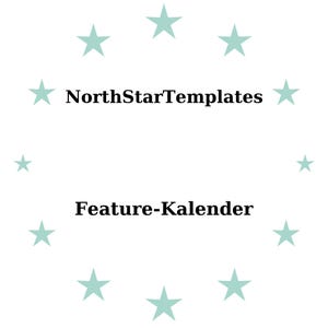 Könnte beinhalten: Weißer Hintergrund mit einem Kreis aus helltürkisen Sternen. Der Text "NorthStarTemplates" steht über "Feature-Kalender" in schwarzer, serifenloser Schrift. Schlichtes Design.