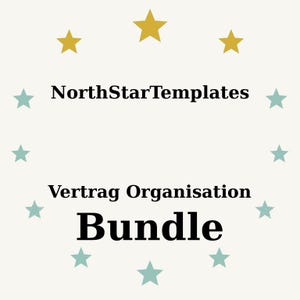 May include: Cream-colored graphic with the text "NorthStarTemplates", "Vertrag Organisation", and "Bundle" in black. The text is surrounded by teal and gold stars.