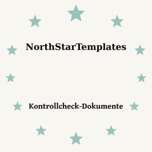 Puede incluir: Un diseño gráfico que presenta el texto negro NorthStarTemplates y Kontrollcheck-Dokumente dispuesto verticalmente en el centro, rodeado por un patrón circular de doce estrellas de cinco puntas de color verde azulado claro sobre un fondo crema.