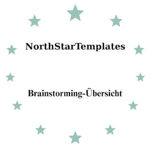 Może przedstawiać: Białe tło z okręgiem jasnoturkusowych gwiazd otaczających tekst "NorthStarTemplates" i "Brainstorming-Übersicht" czcionką. Prosty i czysty design.