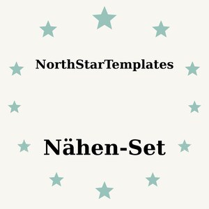 Puede incluir: Un fondo beige claro con estrellas turquesas que rodean el texto. El texto dice "NorthStarTemplates" encima de "Nähen-Set" en negrita, en negro. La imagen sugiere un producto relacionado con la costura.