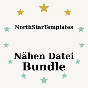 May include: A cream-coloured graphic featuring the text "NorthStarTemplates" above "Nähen Datei Bundle". The design incorporates gold and teal stars encircling the text, forming a decorative border.