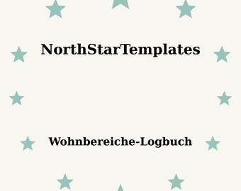 Puede incluir: Un fondo beige claro con un anillo de estrellas turquesas que rodea el texto "NorthStarTemplates" y "Wohnbereiche-Logbuch" en negro.