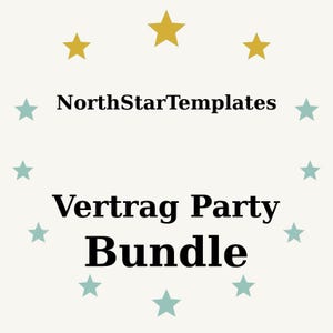 May include: A cream-colored graphic with the text "NorthStarTemplates" above "Vertrag Party Bundle" in a bold, black font. The design includes gold and teal stars arranged around the text.