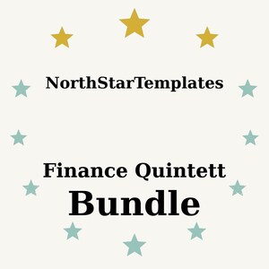 Könnte beinhalten: Cremefarbene Grafik mit dem Text "NorthStarTemplates" über "Finance Quintett Bundle". Der Text ist schwarz, umgeben von goldenen und türkisfarbenen Sternen.