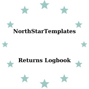 Könnte beinhalten: Weißer Hintergrund mit dem Text "NorthStarTemplates" und "Returns Logbook". Hellblaue Sterne umgeben den Text. Das Design ist einfach und sauber, geeignet für digitale Vorlagen.