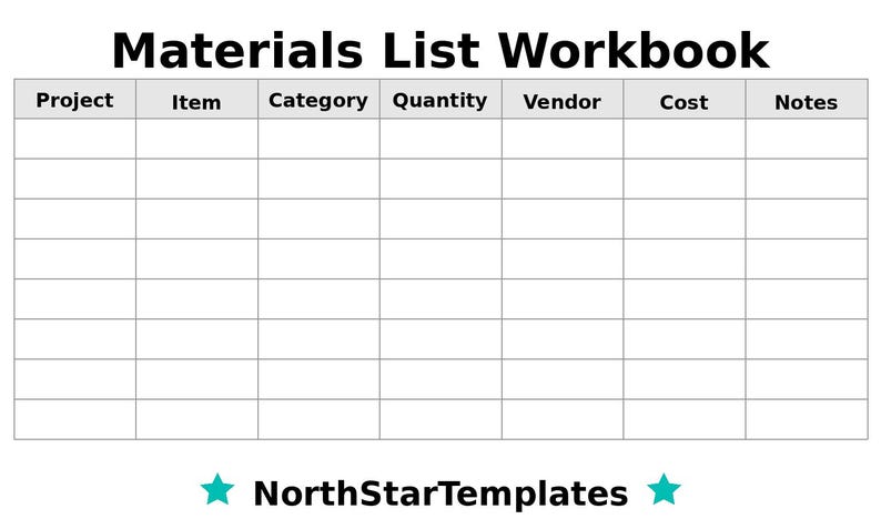 Material List Sheets.pdf Material List Workbook Premium Printable and Editable Template DE EN ES ...