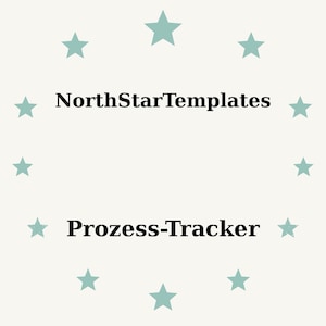 Può includere: Grafica color crema con il testo "NorthStarTemplates" sopra "Prozess-Tracker" in nero. Stelle verde acqua chiaro circondano il testo, creando un bordo decorativo.