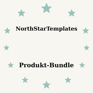 May include: A cream-coloured graphic featuring the text "NorthStarTemplates" above "Produkt-Bundle" in black. Light teal stars surround the text. The design is simple and clean, suitable for digital products.