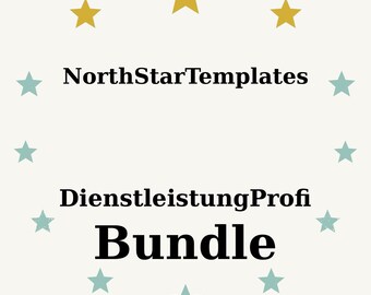 May include: Cream-colored graphic with the text "NorthStarTemplates", "DienstleistungProfi", and "Bundle" in black. The text is surrounded by teal and gold stars.