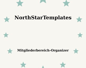 May include: A light beige background with teal stars encircling the text "NorthStarTemplates" and "Mitgliederbereich-Organizer" in black. The design is simple and clean, with a focus on the text.