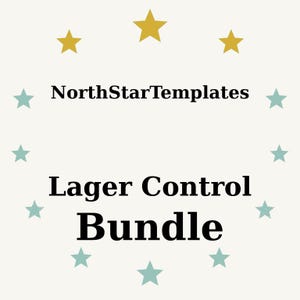 Puede incluir: Gráfico color crema con el texto "NorthStarTemplates" sobre "Lager Control Bundle" en negrita. El diseño incluye estrellas doradas y turquesas dispuestas alrededor del texto.