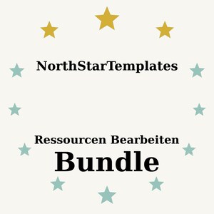 Puede incluir: Gráfico color crema con texto "NorthStarTemplates", "Ressourcen Bearbeiten" y "Bundle" en negro. El diseño incluye estrellas doradas y turquesas dispuestas alrededor del texto.