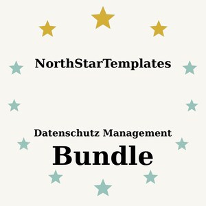 Puede incluir: Un gráfico color crema con el texto "NorthStarTemplates" encima de "Datenschutz Management Bundle". La palabra "Bundle" está en negrita, en negro. El diseño incluye estrellas doradas y turquesas.