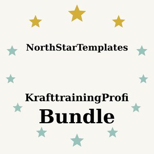 Może przedstawiać: Kremowa grafika z tekstem "NorthStarTemplates", "KrafttrainingProfi" i "Bundle" w kolorze czarnym. Tekst otoczony jest okręgiem z turkusowych i złotych gwiazd.
