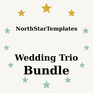 Könnte beinhalten: Cremefarbene Grafik mit dem Text "NorthStarTemplates" über "Wedding Trio Bundle". Der Text ist schwarz, umgeben von goldenen und türkisfarbenen Sternen. Die Sterne sind kreisförmig um den Text angeordnet.