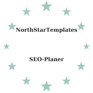 Puede incluir: Fondo blanco con un círculo de estrellas verde claro que rodea el texto "NorthStarTemplates" y "SEO-Planer" en fuente negra. El diseño es simple y limpio.