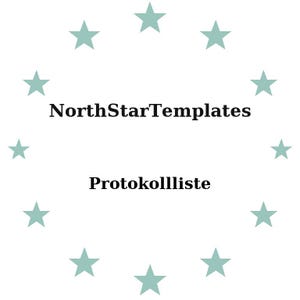Puede incluir: Fondo blanco con un círculo de estrellas verde azulado claro. El texto "NorthStarTemplates" está centrado sobre la palabra "Protokollliste" en negrita, en negro.
