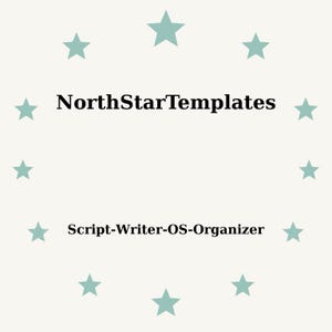 Könnte beinhalten: Ein hellbeiger Hintergrund mit türkisfarbenen Sternen, die in einem Kreis angeordnet sind. Der Text "NorthStarTemplates" ist zentriert über "Script-Writer-OS-Organizer" in schwarzer Schrift ohne Serifen.