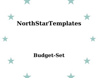 Könnte beinhalten: Weißer Hintergrund mit einem Ring aus helltürkisen Sternen, der den Text "NorthStarTemplates" über "Budget-Set" in fetter, schwarzer Schrift umgibt.